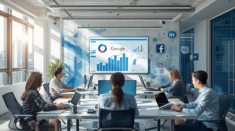 Digital marketing team planning SEO, Google Ads, and social media strategy for business growth in the Singapore office