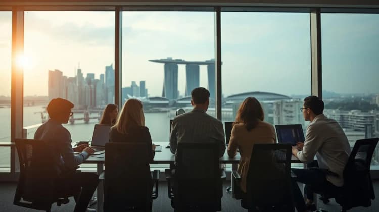web development team designing a responsive business website on a laptop in a modern Singapore office